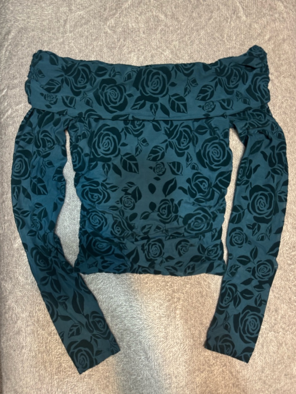 Wild Fable Teal Mesh/Velvet Rose Off the Shoulder Long Sleeve Top